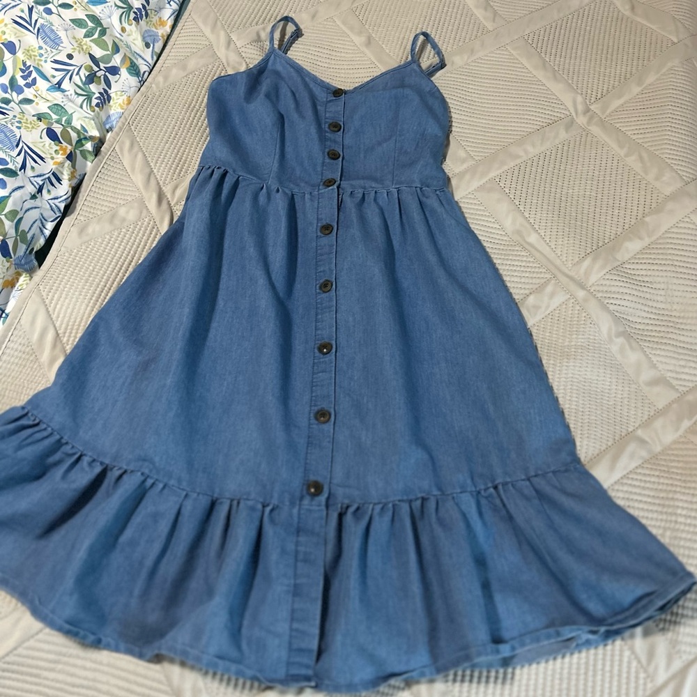 Japna Denim Button-Front Midi Sundress - Size S - Ruffle Hem